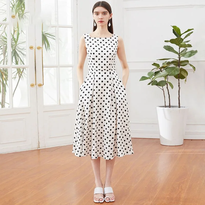 

Temperament retro polka dot dress summer new high-grade sleeveless square neck linen skirt