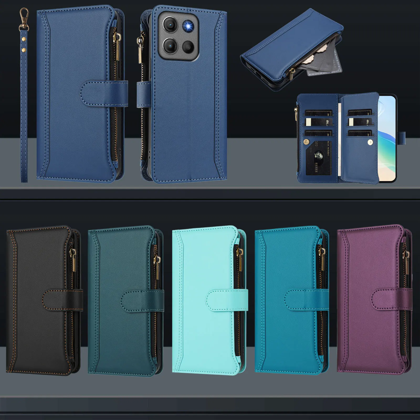 Leather Magnetic Zipper Flip Phone Wallet Case