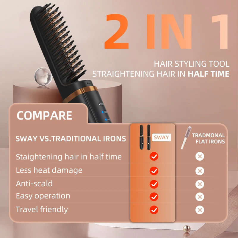Multifunctional Cordless Hair Straightener Brush Fast Heated Straightener Brush Negative Ions Electric Hot Comb Hair (Black)