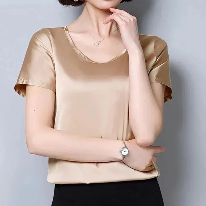 Women Tops and Blouses Office Lady Elegant Satin Blouses Round Collar Tops Summer Short Sleeve Solid Color Shirt Clothes 2126 50