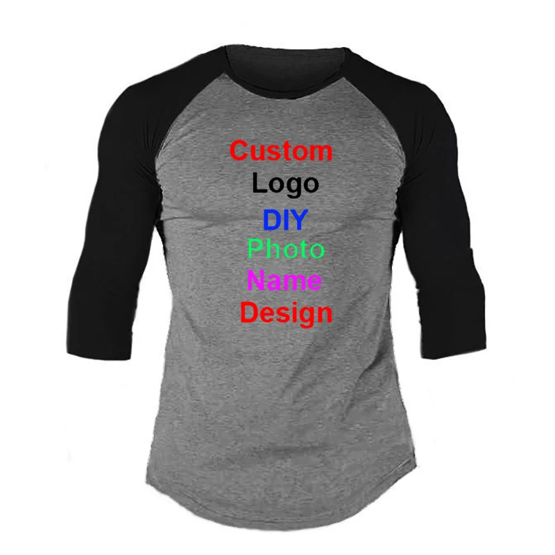 Angepasst DIY Marke Logo Herbst Mode Hülse Mit Drei Vierteln Fitness T-shirt Männer Patchwork Oansatz Gym T shirts Dünne T-shirts – Detail 15