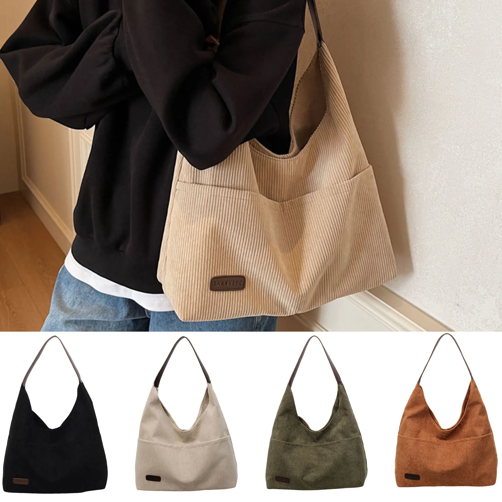 Corduroy Canvas Shoulder Bag Large Capacity Simple Crossbody Bag Casual Tote Bag School Travel Shopping Backpack