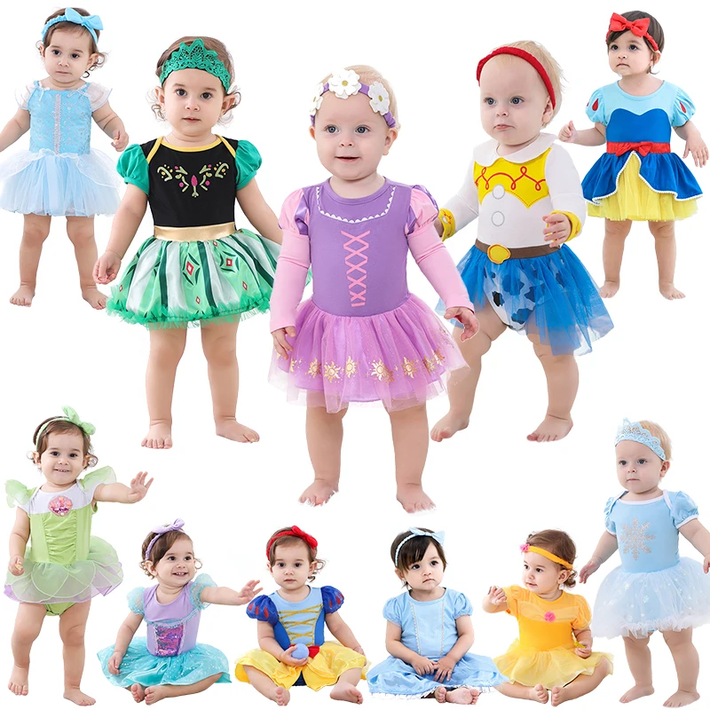 Fancy Fairy Baby Romper Elsa Ariel Belle Rapunzel Princess Costume 1 Year Birthday Tutu Dress Lace Headband Christening Baptism 1