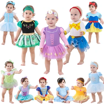 Fancy Fairy Baby Romper Elsa Ariel Belle Rapunzel Princess Costume 1 Year Birthday Tutu Dress Lace Headband Christening Baptism 1