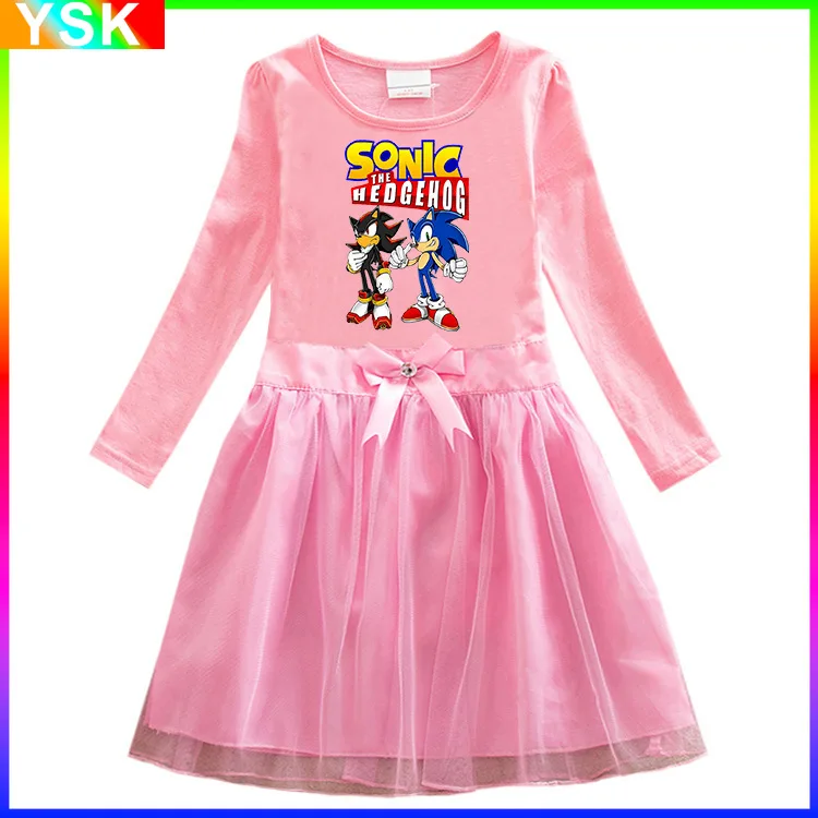 

2023 Korean version of Sonic Spring and Autumn New Children's Dress Cartoon Cotton Western Style Girls Pleated Skirt Mesh Skirt
