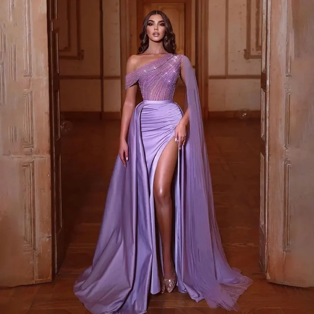 

Purple Exquisite Evening Dresses One Shoulder Shawl A-Line Beads Sequins Tulle Formal Party Gowns Abendkleider Robe De Soriee