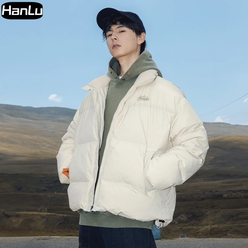 Men's 90 down short standing neck warm and thickened bread jacket Couple fleece patchwork down jacket