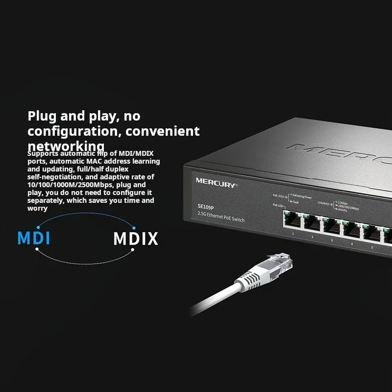 MERCURY 8 포트 2.5G PoE 스위치, 8*10/100/1000/2500Mbps RJ45, 1*1/2 플러그 앤 플레이, 5/10Gbps SFP +, 8 * 2.5GE(PoE)@ 115W, SE109