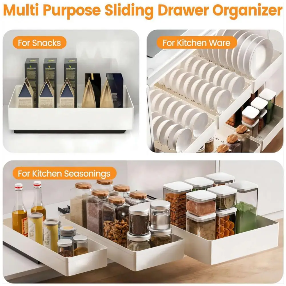 Hollow Bottom Storage Box Kitchen Cabinet Organizer with Divider Racks Heavy Duty Slide Out Drawers for Cabinets Expandable