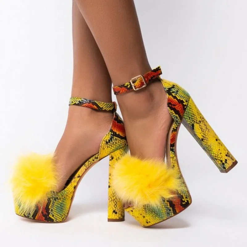 

Yellow Fur Snakeskin Chunky Heel Sandals Ankle Strap Python Leather Buckle Strap High Platform Heels Summer Party Shoes