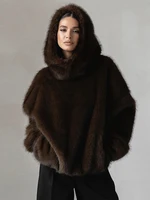 Furry Hooded Faux Fur Coats Women Loose Long Sleeve Warm Brown Pullovers 2025 Autumn Winter Lady Street Fashion Outwear 3