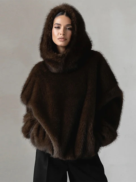 Furry Hooded Faux Fur Coats Women Loose Long Sleeve Warm Brown Pullovers 2025 Autumn Winter Lady Street Fashion Outwear 3