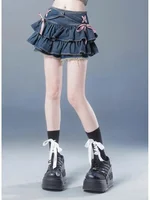 Blue Denim Pleated Skirt Bow Fold Design Women's A-line Short Skirt Built in Shorts American Spicy Girl Korean Fashion Hotsweet 2