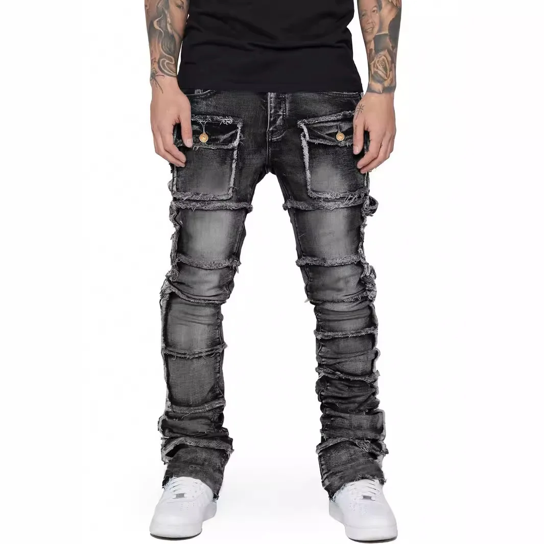 Men's Regular Fit Stacked Jeans Ripped Slim Fit Patch Distressed Destroyed Straight Denim Pants Hip Hop 5
