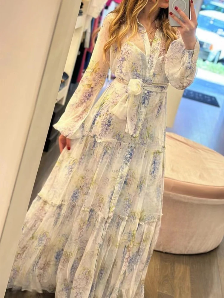 

2024 New Elegant Long Dress Summer Spring New Fashion Design Women Runway Vintage Blue Flower Print Chiffon Casual Holiday