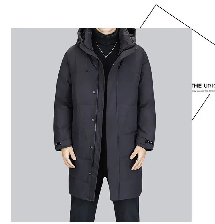 High-End-2025, Winter-Herren-Langes, warmes Oberteil mit Kapuze, Entendaunenjacke, Oberbekleidung, lässig, schwarze Farbe, winddicht, verdickt, gepolsterter Puffermantel – Detail 13