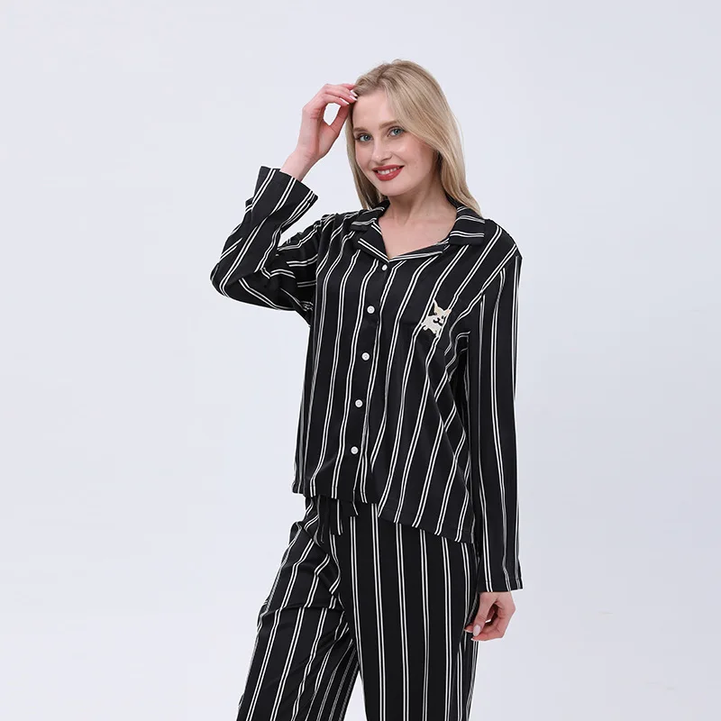 

Women Loungewear Black Striped Silk Pajama Set with Puppy Embroidery Elegant Lively Sleepwear DropShipping
