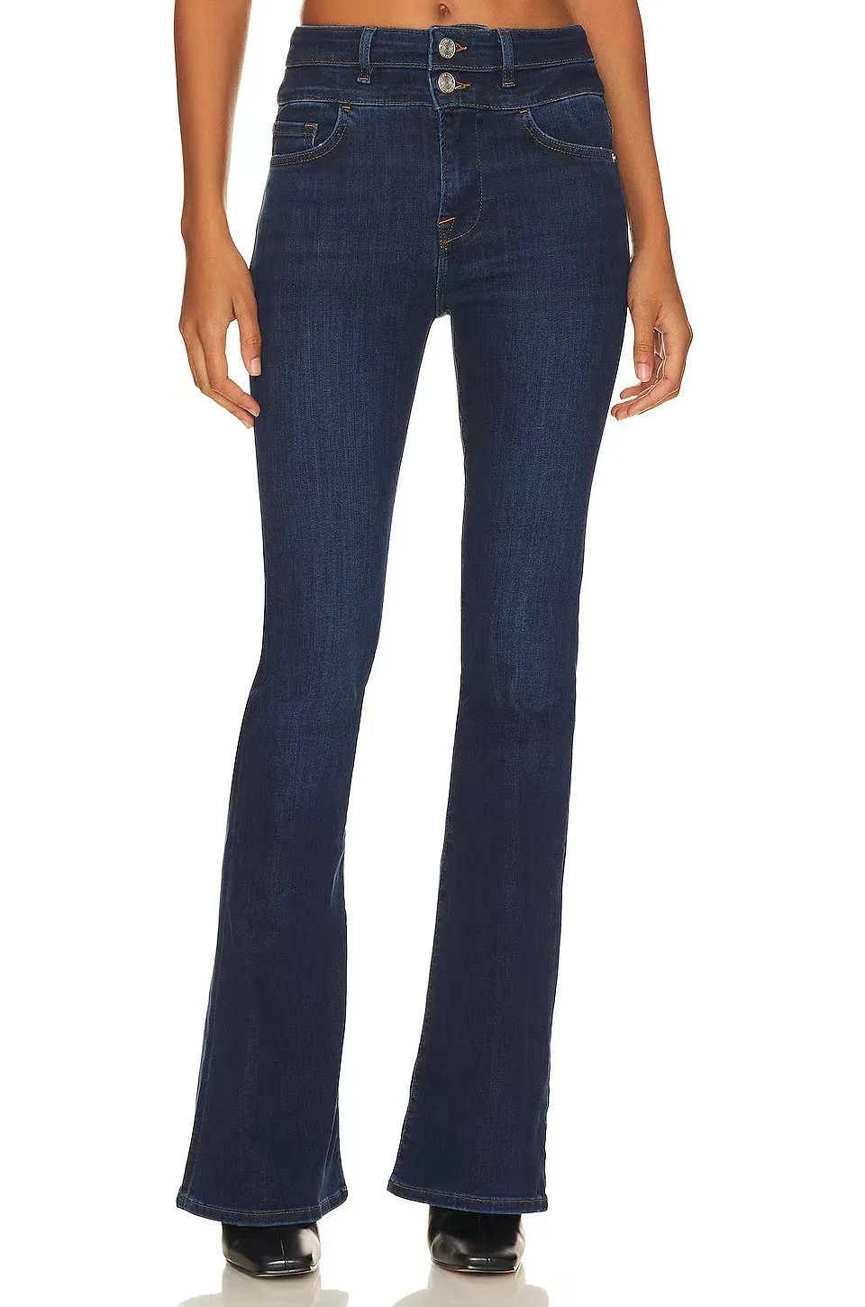 Early Spring New European and American Fd Same High Waist Double Dark Blue Slim Horn Trousers Women