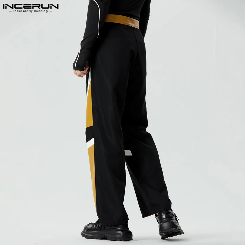 Men Pants Patchwork Button Zipper Joggers Fashion Straight Trousers Men Streetwear PU Leather Casual Pantalon S-5XL INCERUN