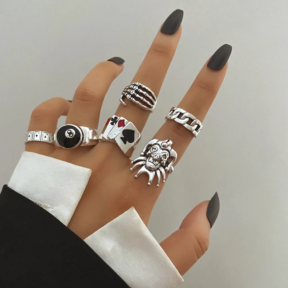 Hip Hop Metal Ring 6-Piece Drip Oil Poker Skull Clown Ring Niche Premium Vintage Set