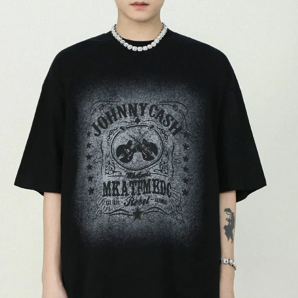 

American Retro Hiphop Short-sleeved T-shirt Summer Street Rock Tatoo Graffiti Print Casual All-match Cotton Top Men's Clothing