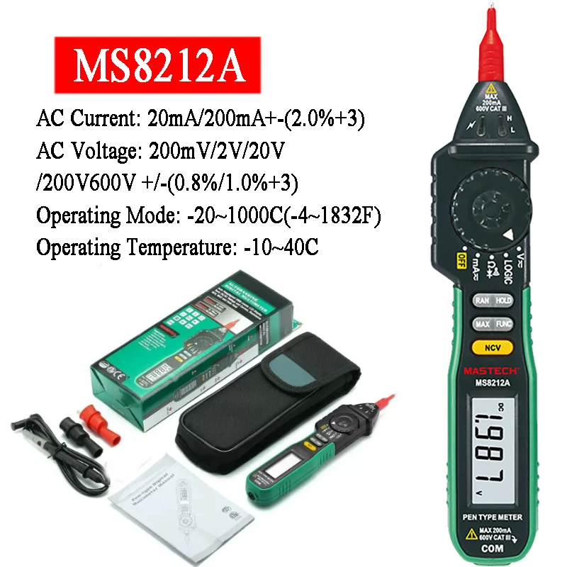 MASTECH MS8212A 펜 타입 디지털 멀티미터 전압계 DC AC 전압 전..