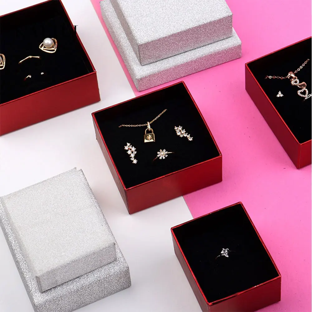 24pcs Glittering Silver And Red Cardboard Jewellery Box For Earring Pendant Necklace Display Storage Caskets Luxury Packaging