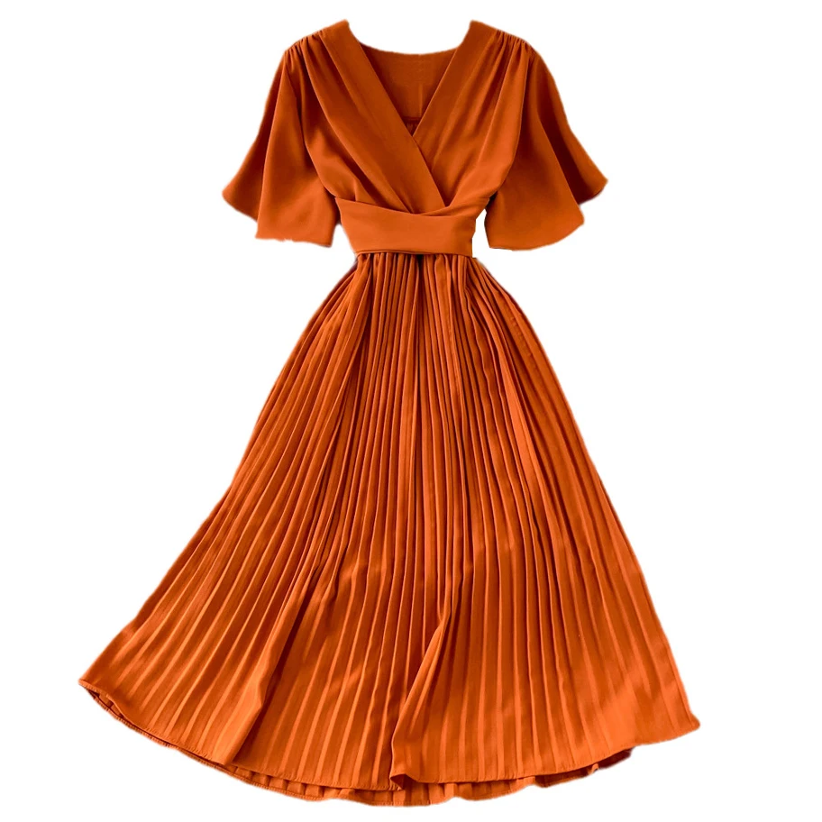 

Women Short Sleeve Pleated Dress with Belt Female Streetwear Summer V-neck Dress Casual Solid Color Robe