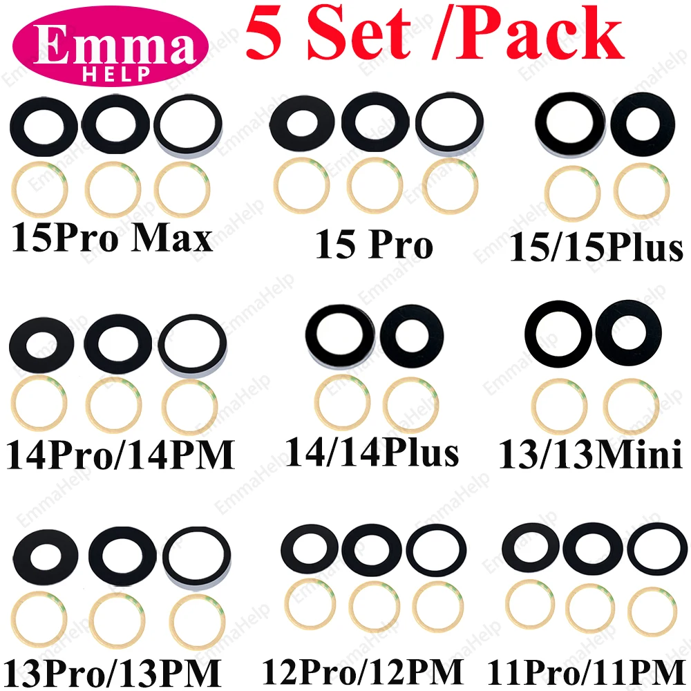 Rear Camera Glass for iPhone 12 Pro Max 13 Mini 14 15 11 X XS 8 7 Plus Camera Lens Cover +Sticker Adhesive Repair 5sets