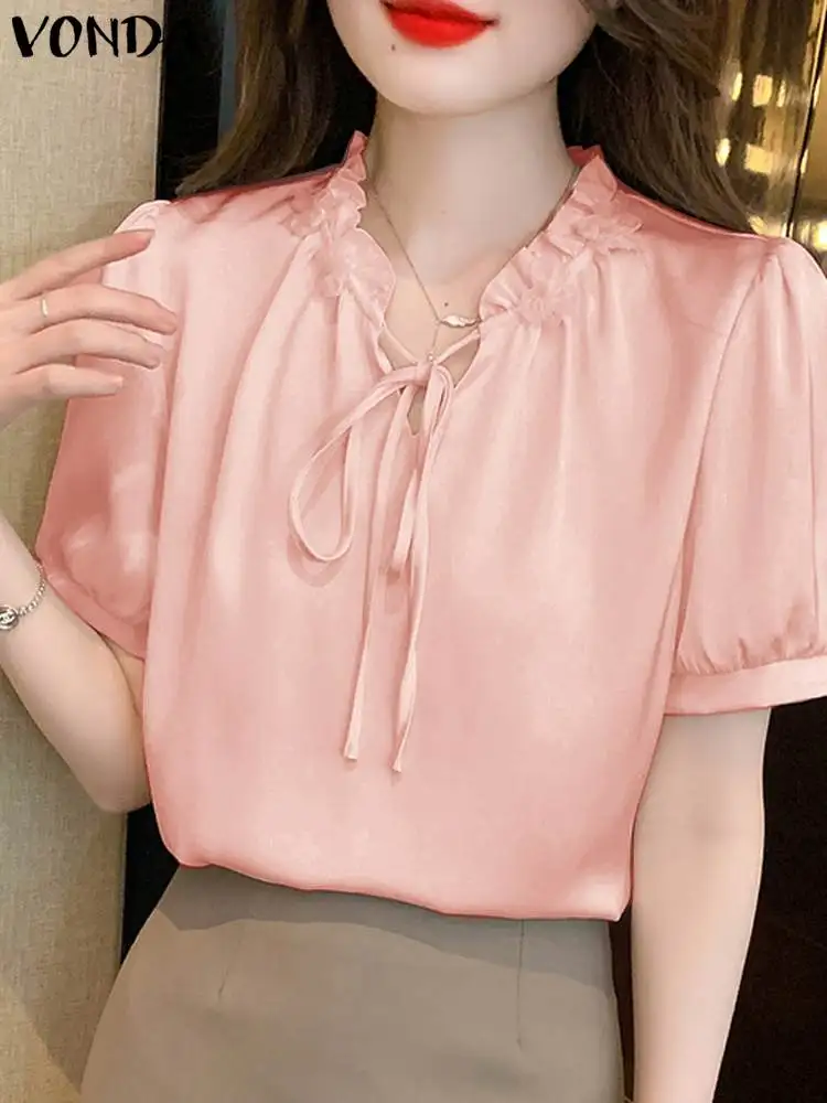 

VONDA 2024 женские летние блузки с коротким рукавом с оборками и V-образным вырезом элегантные рубашки модная повседневная однотонная Туника Топы свободные блузы