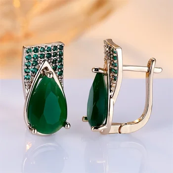 Green Crystal Zircon Water Drop Jade Stone Hoop Earrings For Women Vintage Gold Color Ear Buckle Engagement Jewelry Wedding Gift