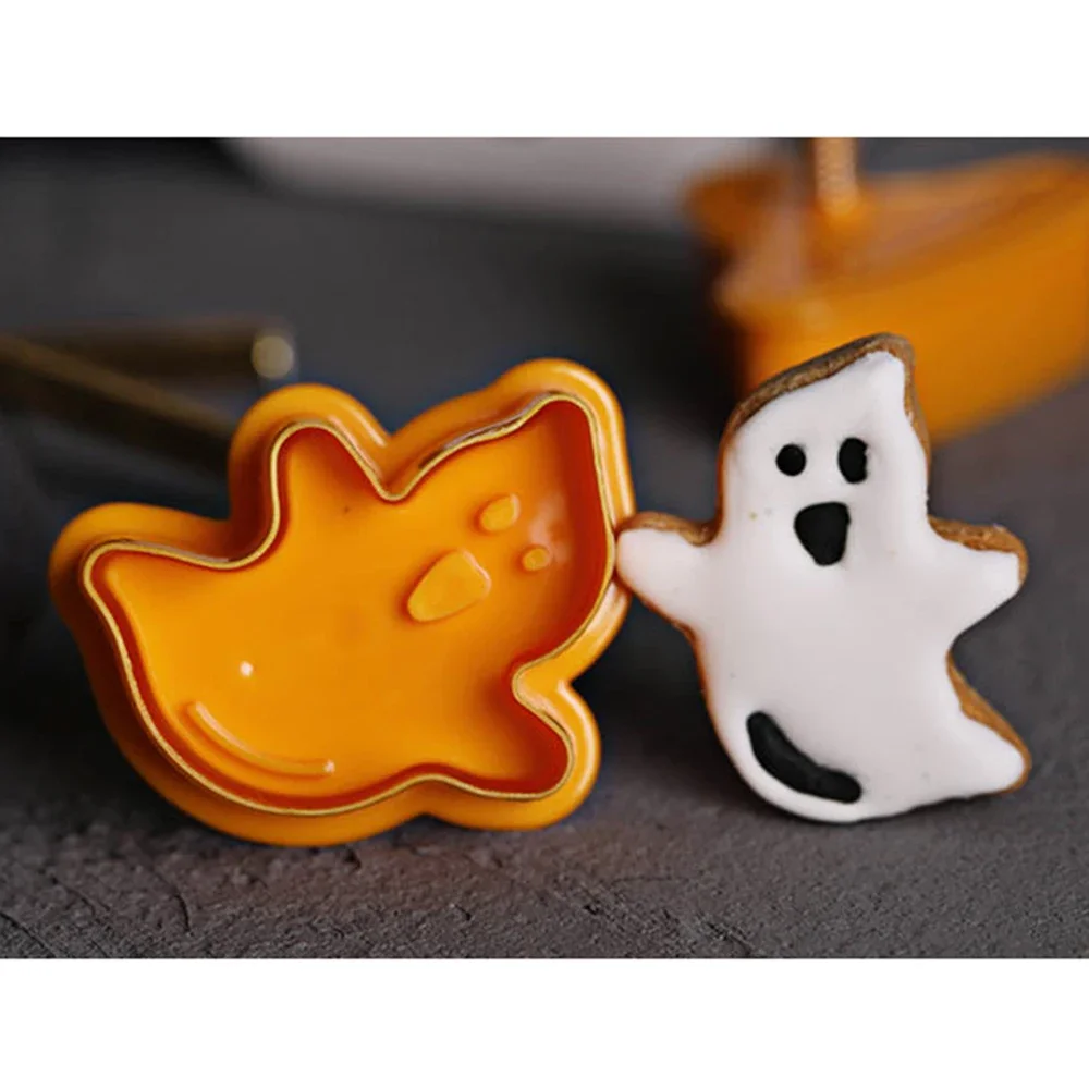 4Pcs Halloween Pumpkin Ghost Theme Plastic Cookie Cutter Plunger Fondant Chocolate Mold Cake Decorating Tools cookie cutter baking mold cookie mould fondant cutter baking decorating tools