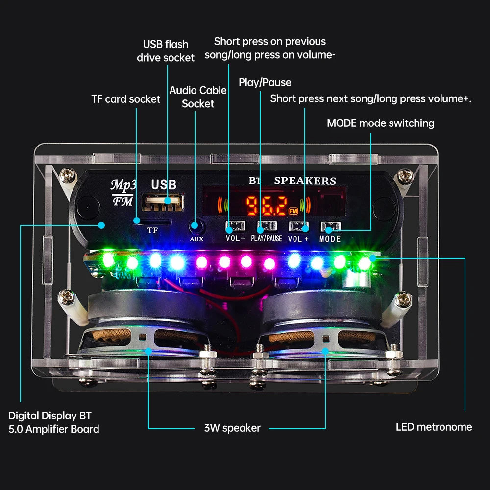 DIY FM Radio Kit 87.5-108MHz 2x3W Amplifier Bluetooth Speaker with Spectrum Display DIY Electronic Soldering Practice Kit
