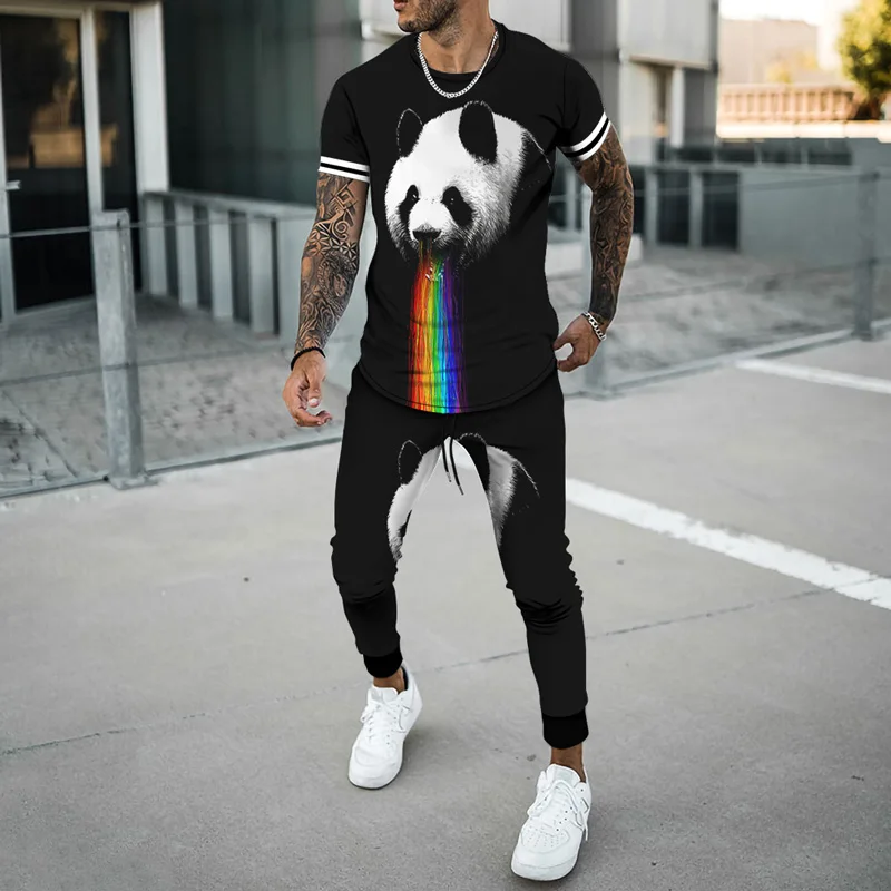 2023 Summer Men's T Shirt Set 3D Cute Panda Printing Tracksuit Daily Casual Clothing Short Sleeve Suit O Neck Cool Streetwear ogkb 3d t shirt and shorts set men s cute dog print tracksuit high quality streetwear trendy summer suits oversized wholesale