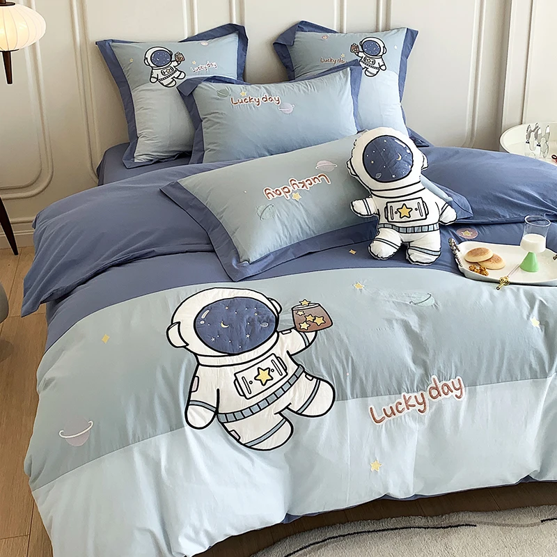 Blue Cute Cartoon Astronaut Embroidery 100% Cotton Boys Bedding Set Single Duvet Cover Set Bed Sheet Pillowcases Gifts For Child 2