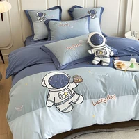 Blue Cute Cartoon Astronaut Embroidery 100% Cotton Boys Bedding Set Single Duvet Cover Set Bed Sheet Pillowcases Gifts For Child 2