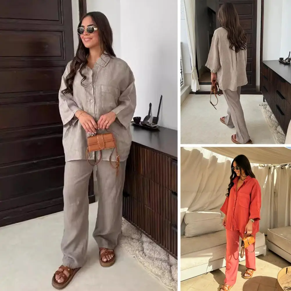 Women Summer Suit Women's Lapel V Neck Shirt Wide Leg Pants Set Solid Color Three Quarter Sleeve Top with Chest Pocket for Women