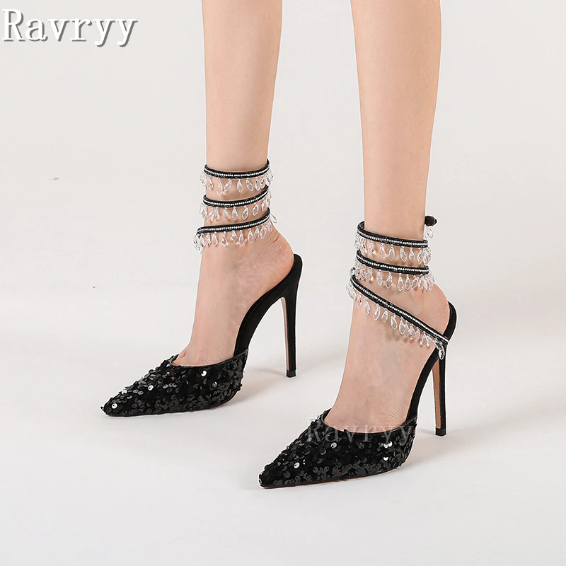 

Ankle Wrapped Rhinestone Luxury Stiletto Sandals Glitter Sex Pointed Toe Thin High Heels Fashion Party Shoes 11CM Heel