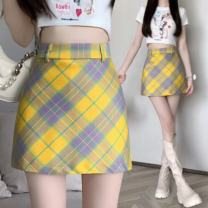 High Waist Plaid A Line Skirt Yellow Hot Summer New Yellow Plaid