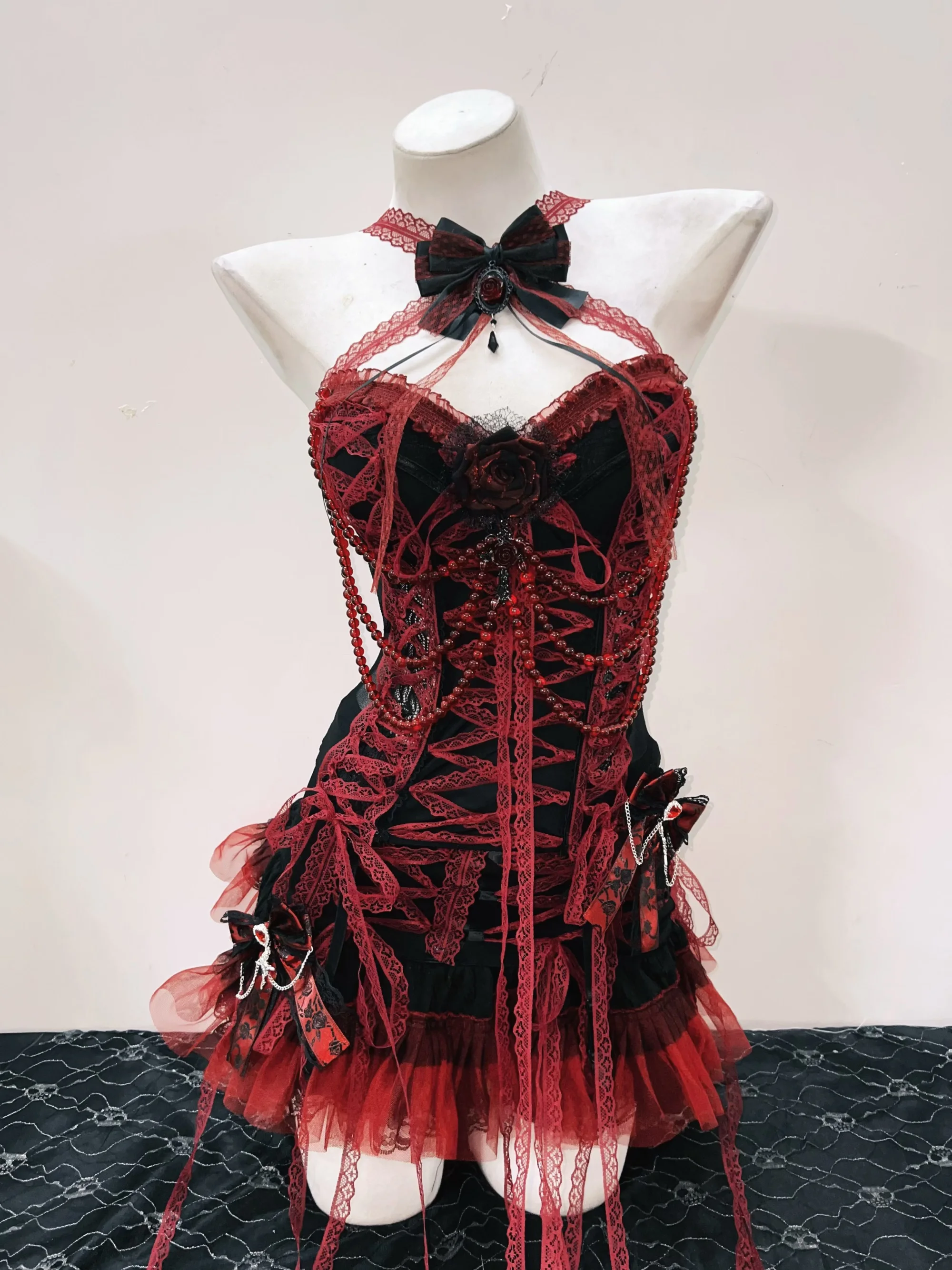 Red Lace Beaded Top and Skirt 6