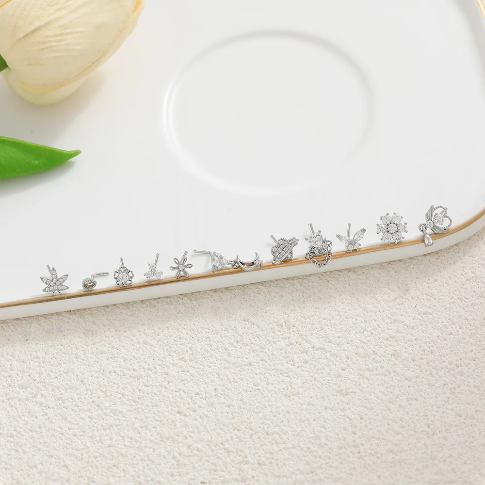 Exquisite Tiny Waterdrop Flower Heart Navel Piercing Rust Proof Hypoallergenic Geometric Zircon Stud Earrings Waterproof Jewelry