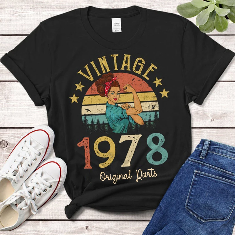 

Vintage 1978 Original Parts T-Shirt Rosie Women 45th Birthday Gift Idea Girls Mom Wife Daughter Retro Tee Shirt Clothing
