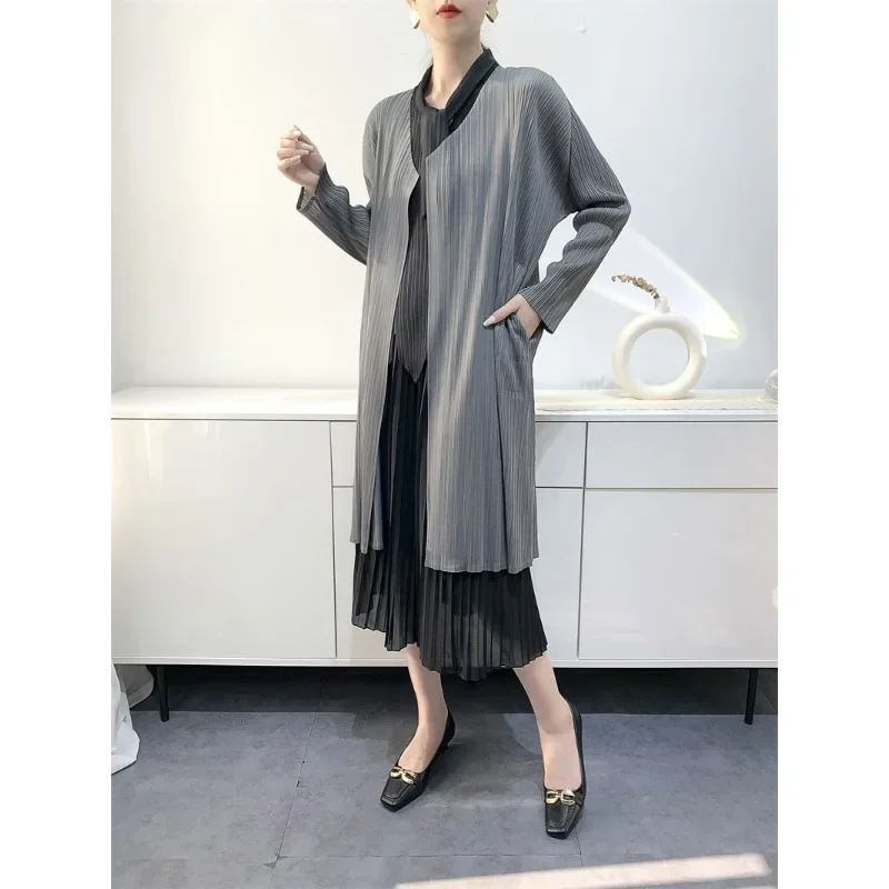 

Женский плиссированный кардиган миди Miyake, Универсальный однотонный кардиган средней длины с V-образным вырезом, весна-осень