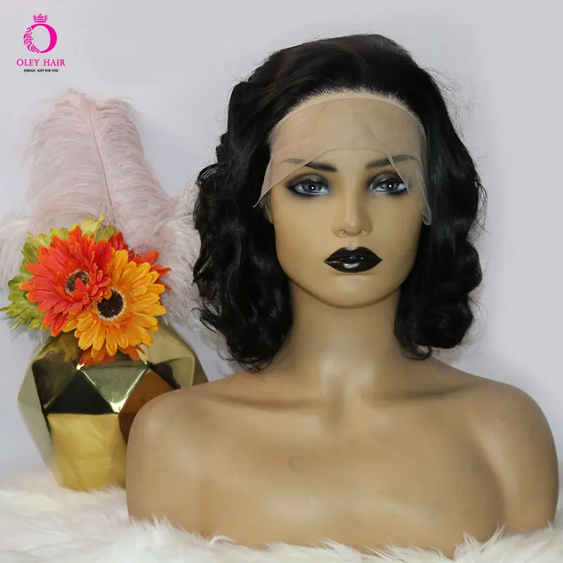 OLEY Short Black Wavy Lace Front Wig Synthetic Heat Resistant Fiber Daily Use Wig For Women Stunning Cosplay Wigs 180 Density