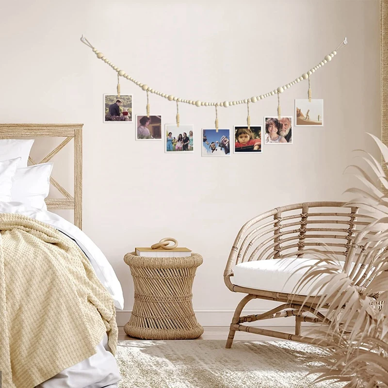 3 Stuks Hangende Foto Display Muur Decor Boho Houten Kraal Met 7 Houten Clips Voor Thuis, Kantoor