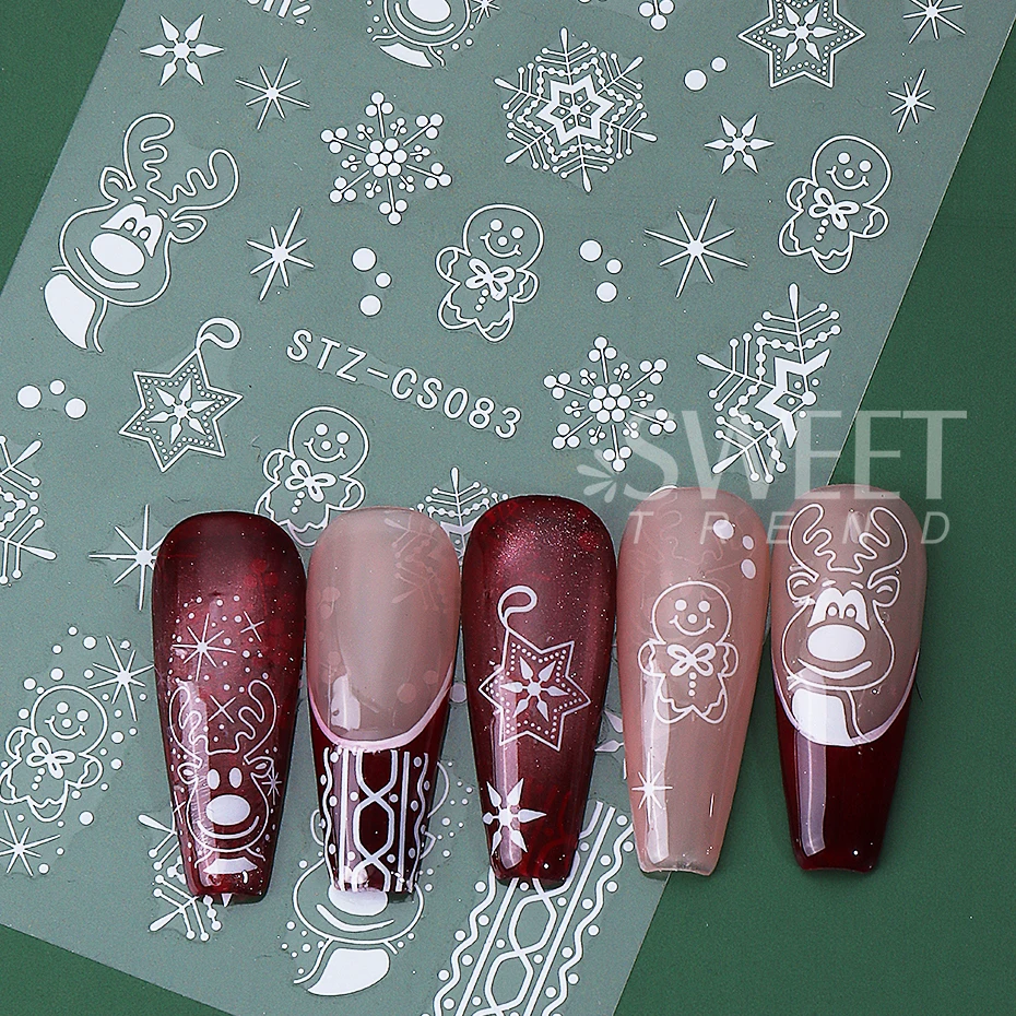 2pcs Christmas Nail Art Stickers 3D White Rose Gold Elk Snowflake Gingerbread Winter Nail Decals Sliders DIY Manicure Decoration