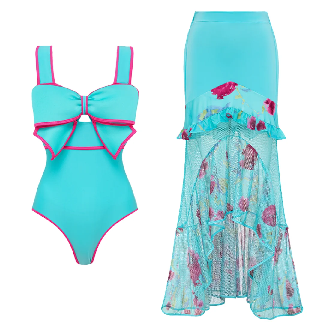 FLAXMAKER Bow Decor Blue and Pink One Piece Swimsuit and Skirt Women ...