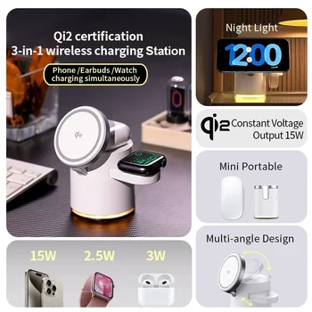 4 in 1 QI2 Wireless Charger Fast Charging Dock Stand Night Light For Magsafe iPhone 16 15 14 Pro Max Airpods Pro 2-8 Apple Watch 3