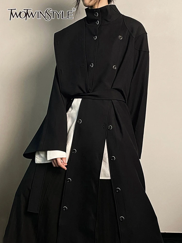 

TWOTWINSTYLE Solid Patchork Lace Up Casual Loose Coats For Women Stand Collar Long Sleeve Spliced Button Designer Coat Female