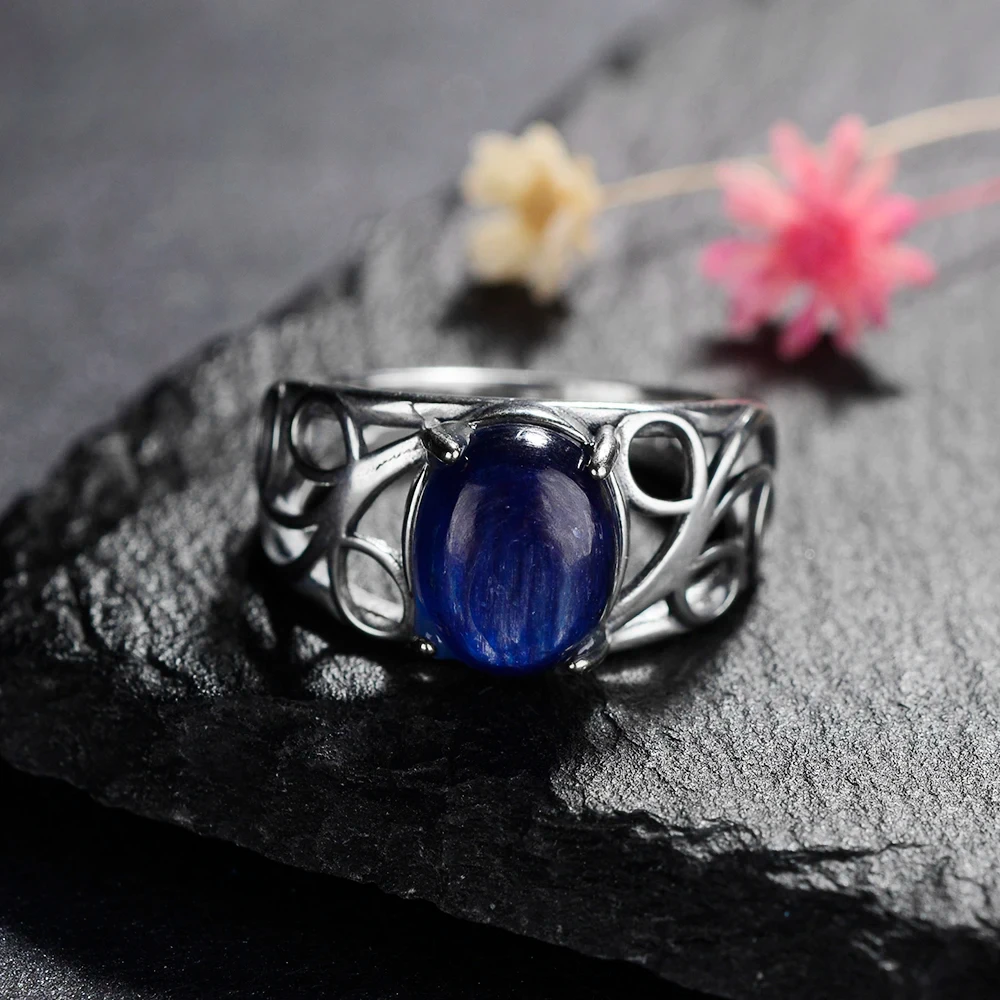 

Retro Natural 8*10MM Kyanite Ring S925 Sterling Silver Engagement Gemstone Ring Party Anniversary Gift Fine Jewelry